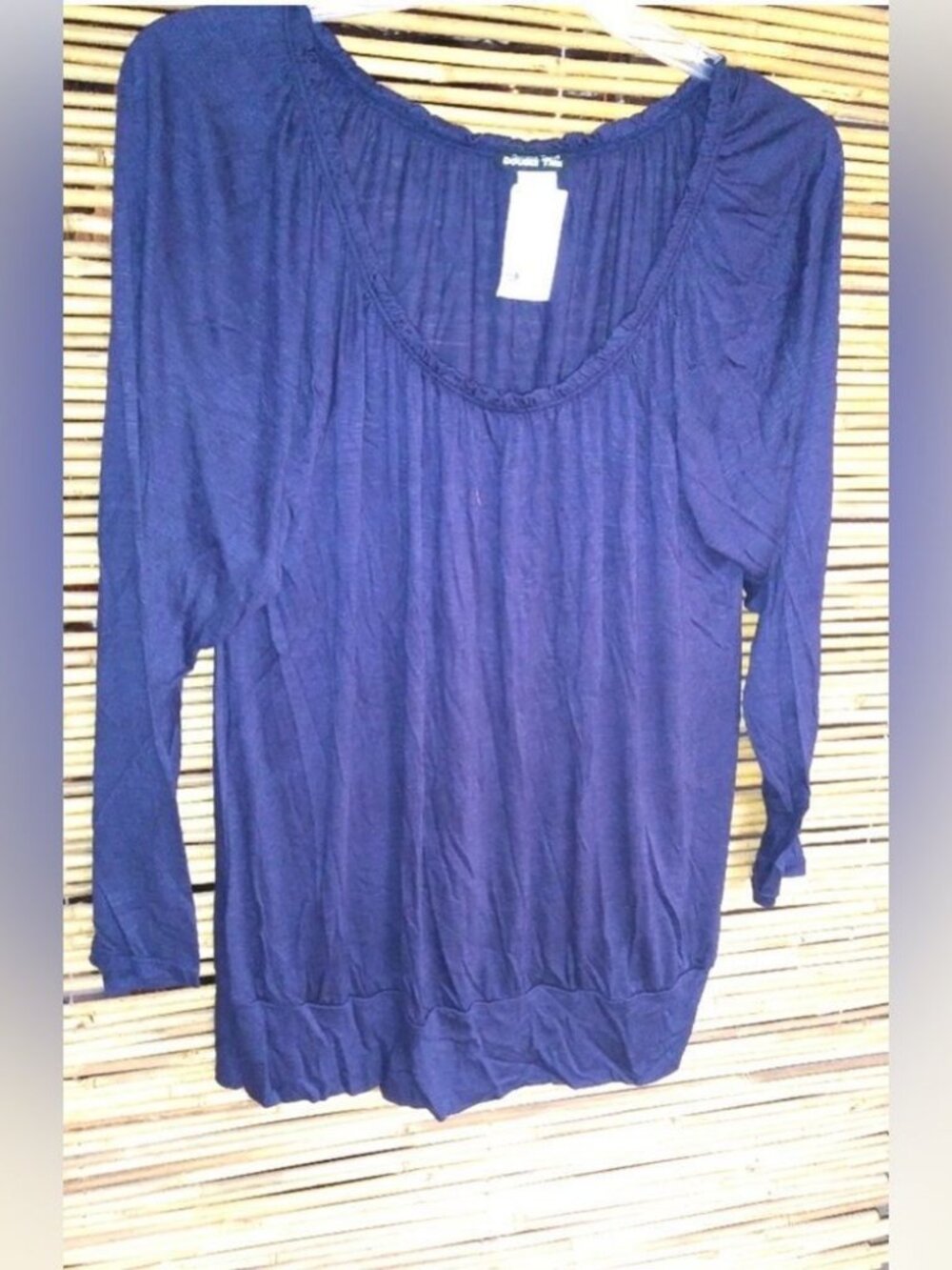 Double Take 2X Scoop Neck Long Sleeved Bubble Hem Top Plus in a Blue Purple
